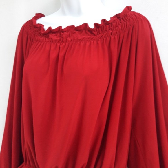 Norma Kamali Timeless Red Blouse Peasant Smocked Off Shoulder Vintage 80s L - Picture 2 of 7